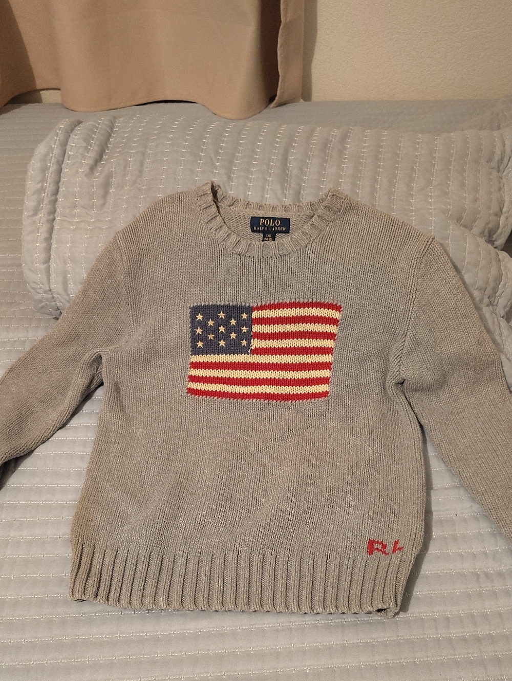 Polo by Ralph Lauren Light Gray Crewneck Sweater with Flag Motif